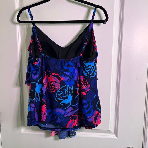 Aqua Green Floral Tankini Top XL Blue Pink Ruffle Layered Swimwear - Picture 3 of 4